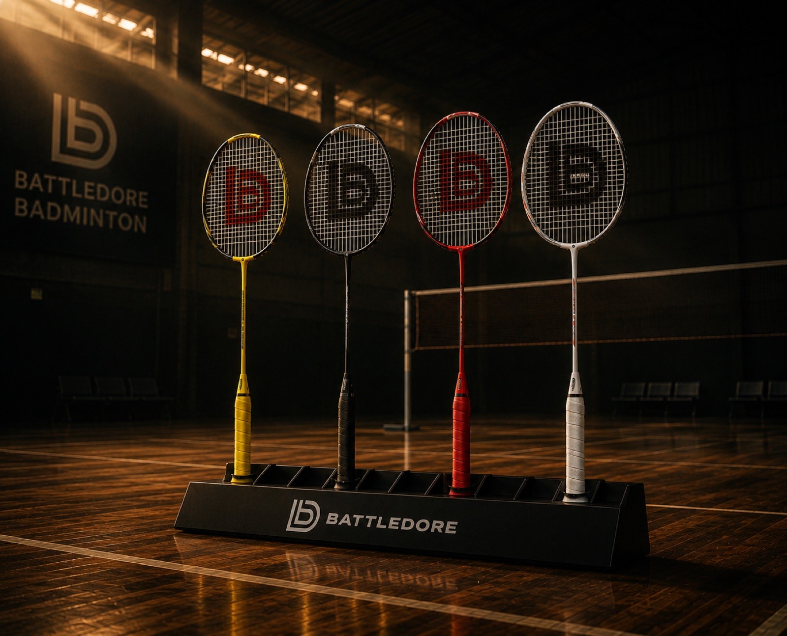 Multipurpose indoor sports floor with overlaid line markings