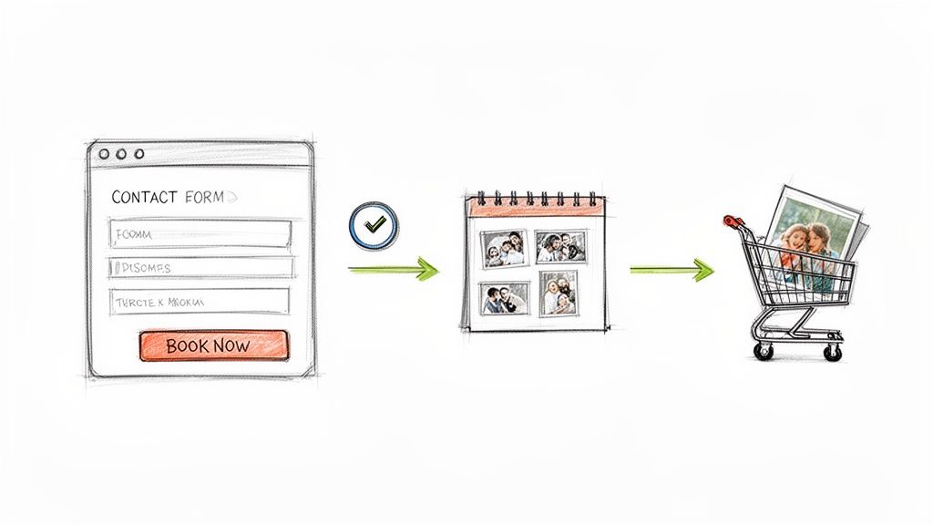 Illustrated steps: a contact form, selecting family photos from a calendar, and adding framed photos to a shopping cart.