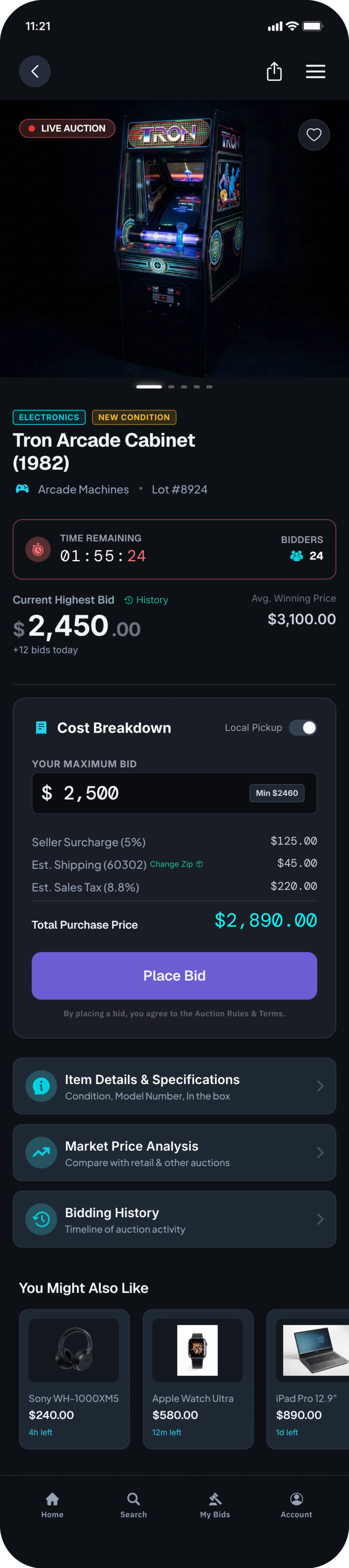 Mobile auction listing for a Tron arcade cabinet, showing a product photo, live-auction status, item details, time remaining, and bidder count