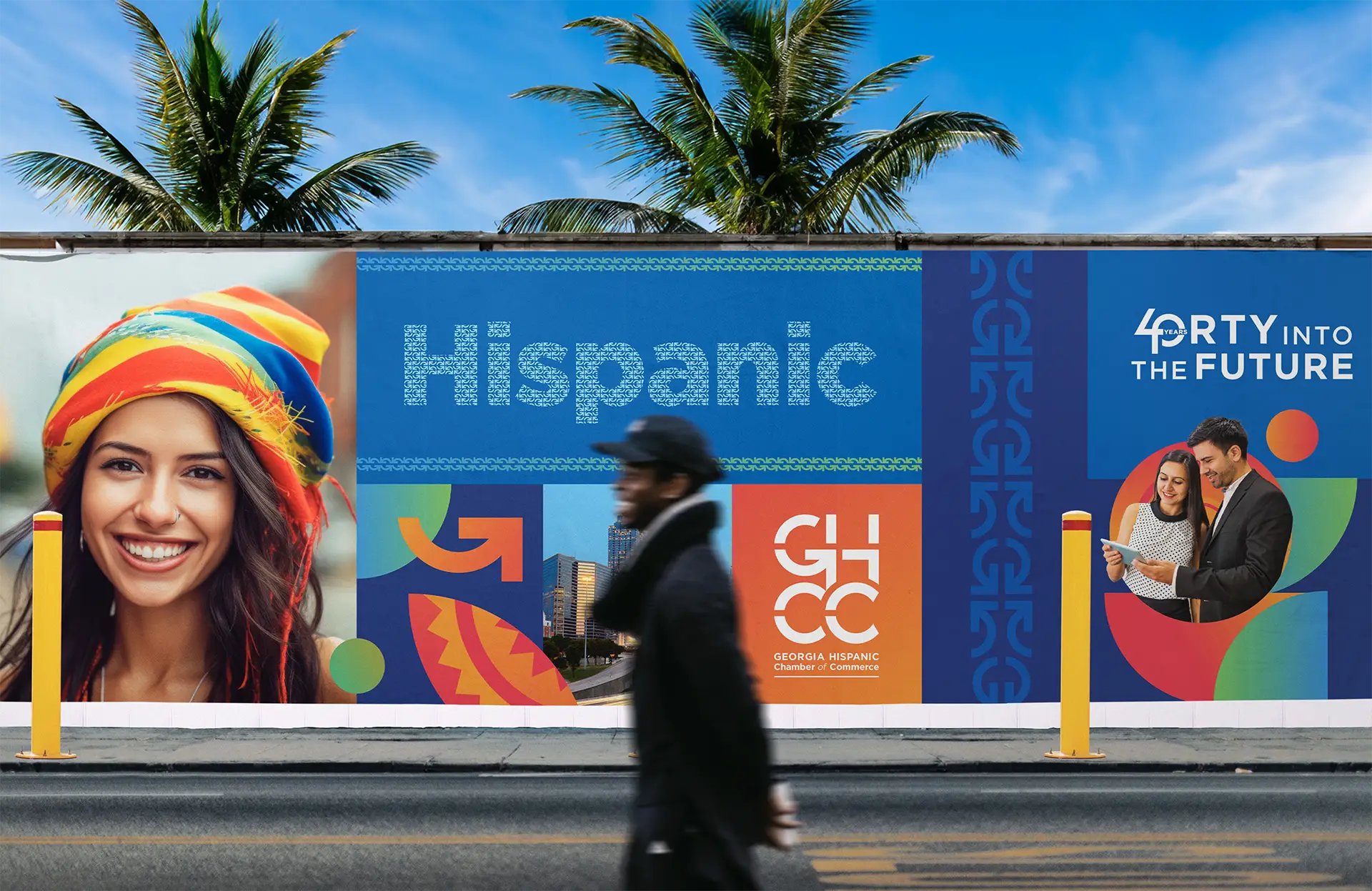 GHCC visual identity applied to a colorful outdoor advertising display.