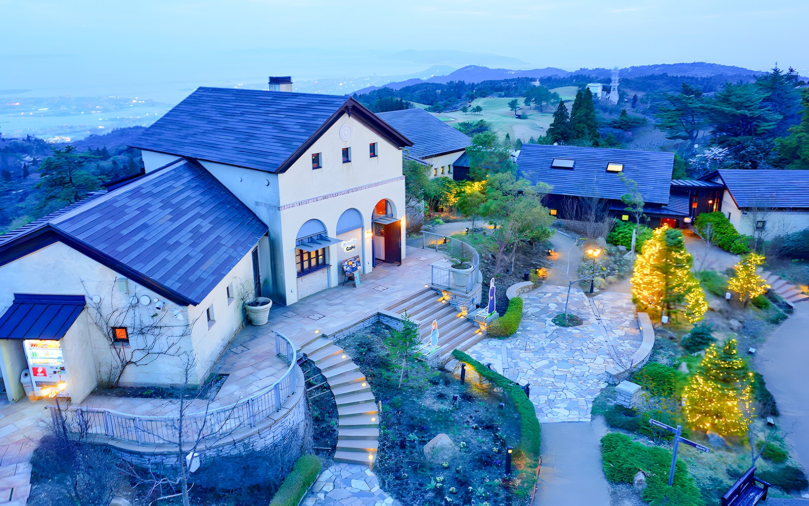 Kobe night view with illuminated path at Arima Onsen, Mt. Rokko.