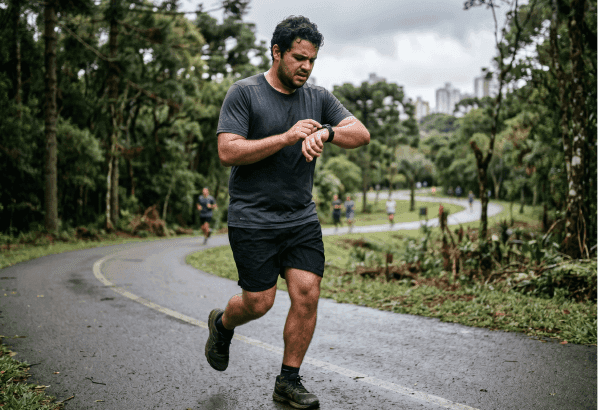 Corredor olhando o relógio esportivo durante treino sem saber se está evoluindo.