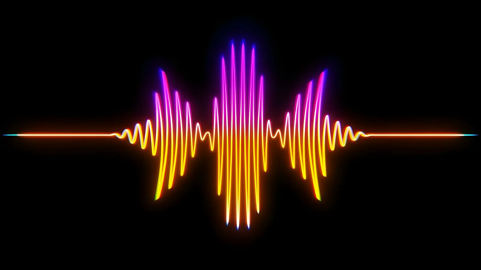 Glowing neon sound wave in yellow, orange, pink and violet stretching across a black background, peaking in the center like a voice waveform