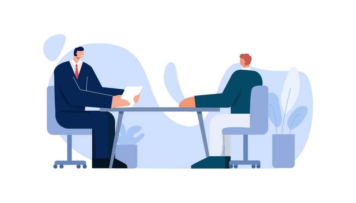 Illustration of two people seated across a table in a professional setting, one in a suit holding a document and the other listening attentively, with plants and abstract shapes in the background.