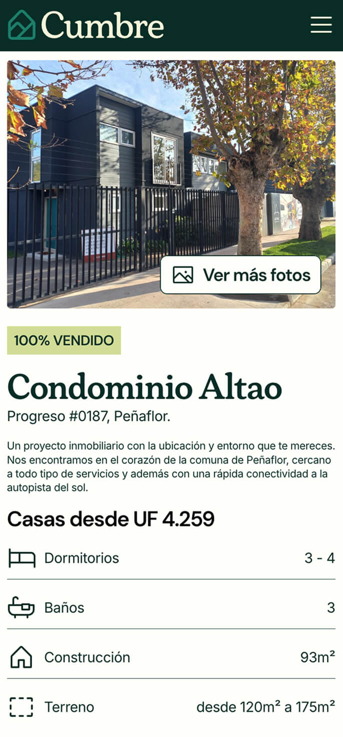 Diseño web mobile Cumbre ficha proyecto Condominio Altao Peñaflor