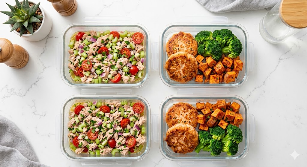 A top-down, organized flat-lay photograph of four glass meal prep containers on a white quartz countertop, featuring tuna salads and salmon patties with roasted sweet potatoes and broccoli.
