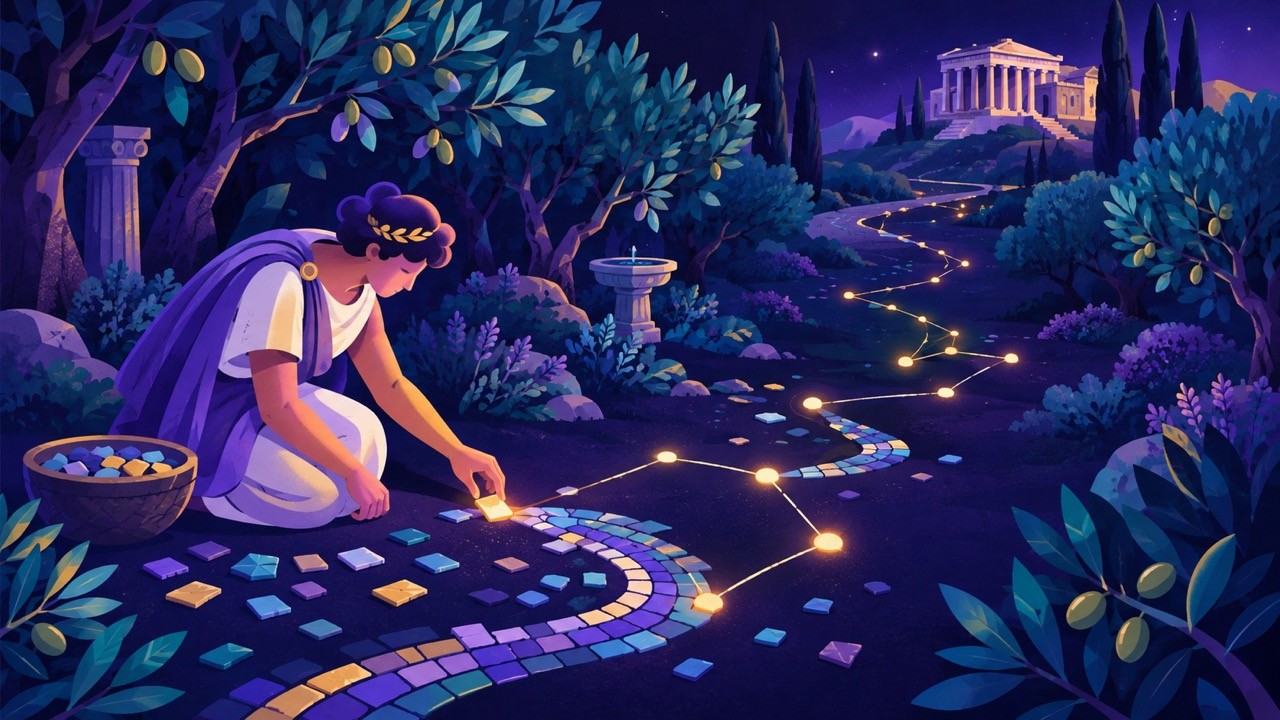 A Greek gardener adds a glowing tile to a mosaic path, symbolizing small journal entries gradually forming a larger picture.