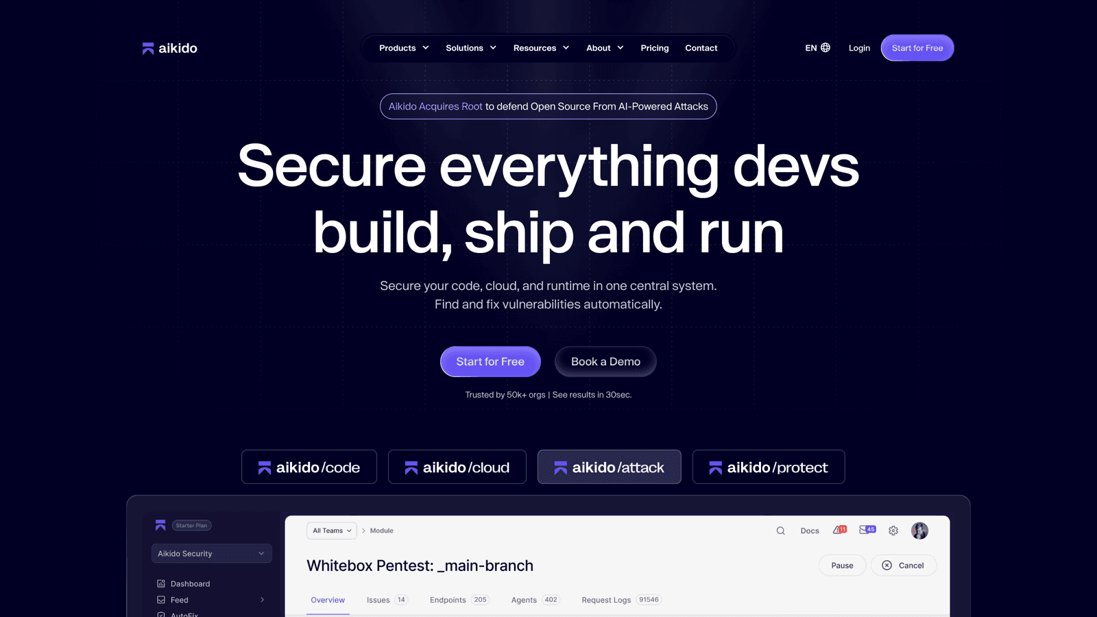 Aikido Security homepage with the secure everything devs build ship and run tagline and the aikido code, cloud, attack, and protect product lines