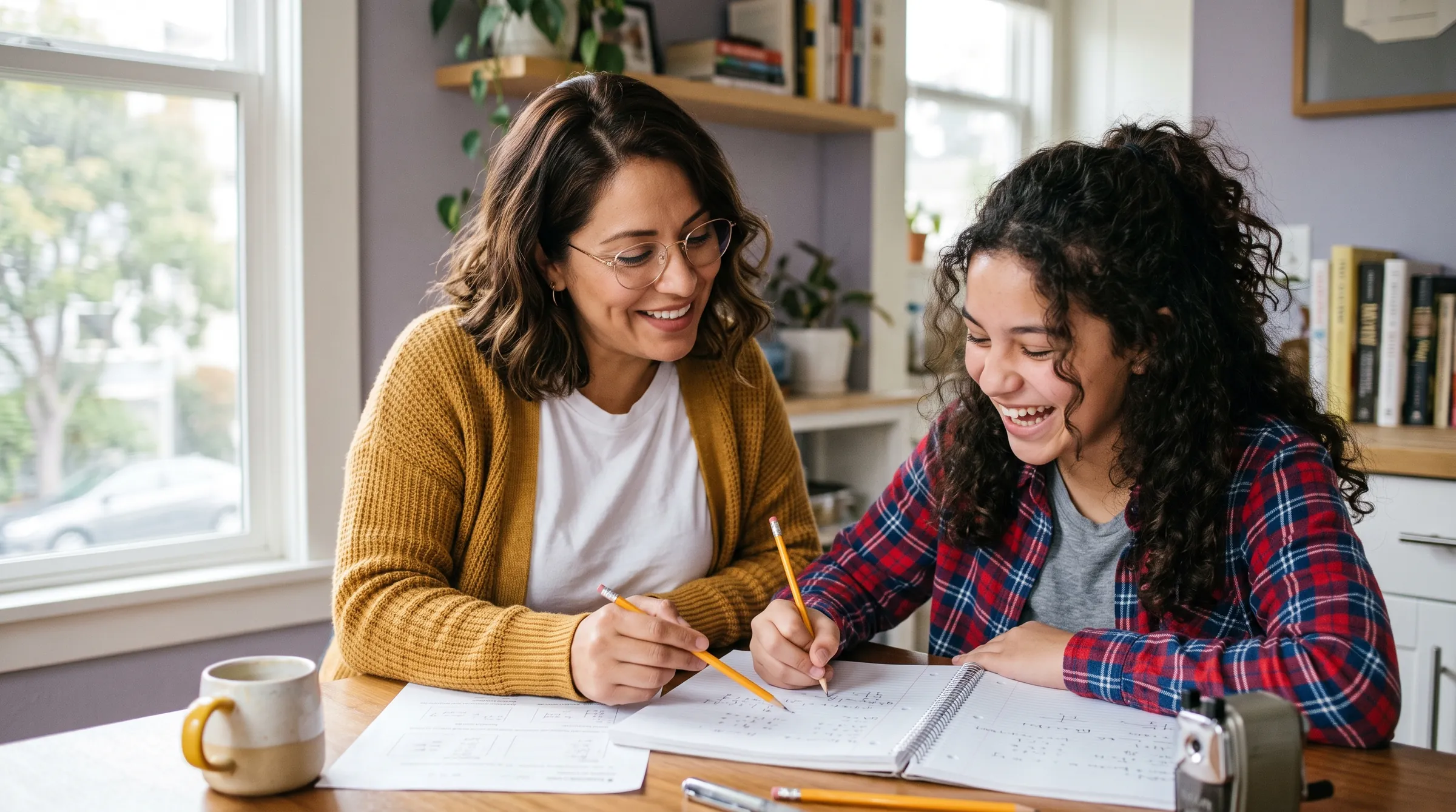 A tutor and a student working through a notebook together at a bright desk