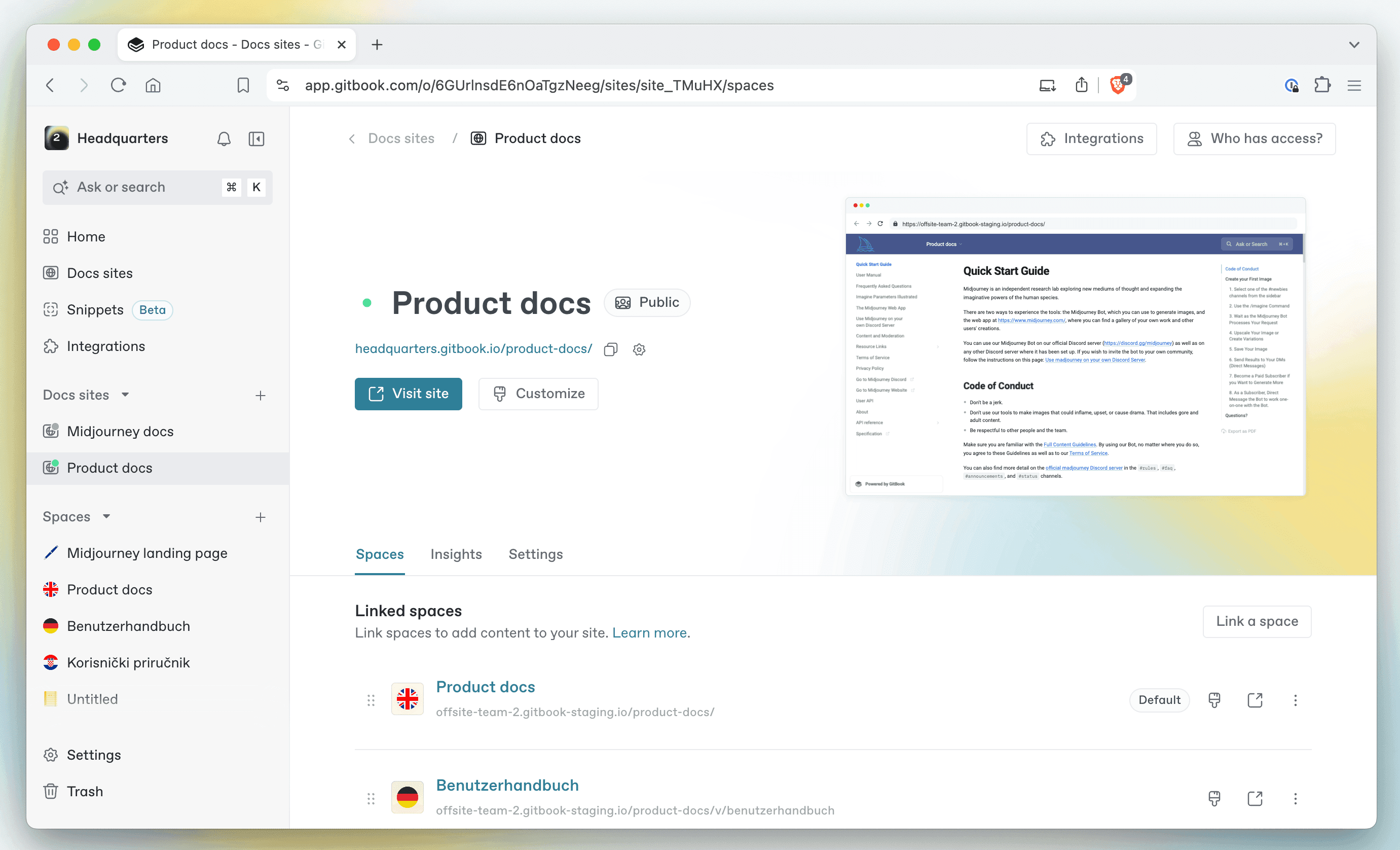 A screebshot of GitBook showing the new Docs sites page