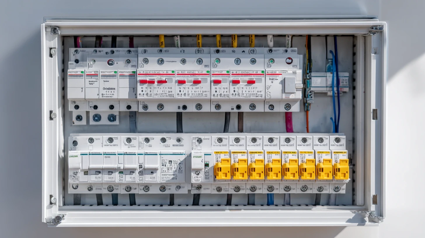 Tableau électrique résidentiel moderne avec disjoncteurs Schneider clairement étiquetés, installation conforme NF C 15-100