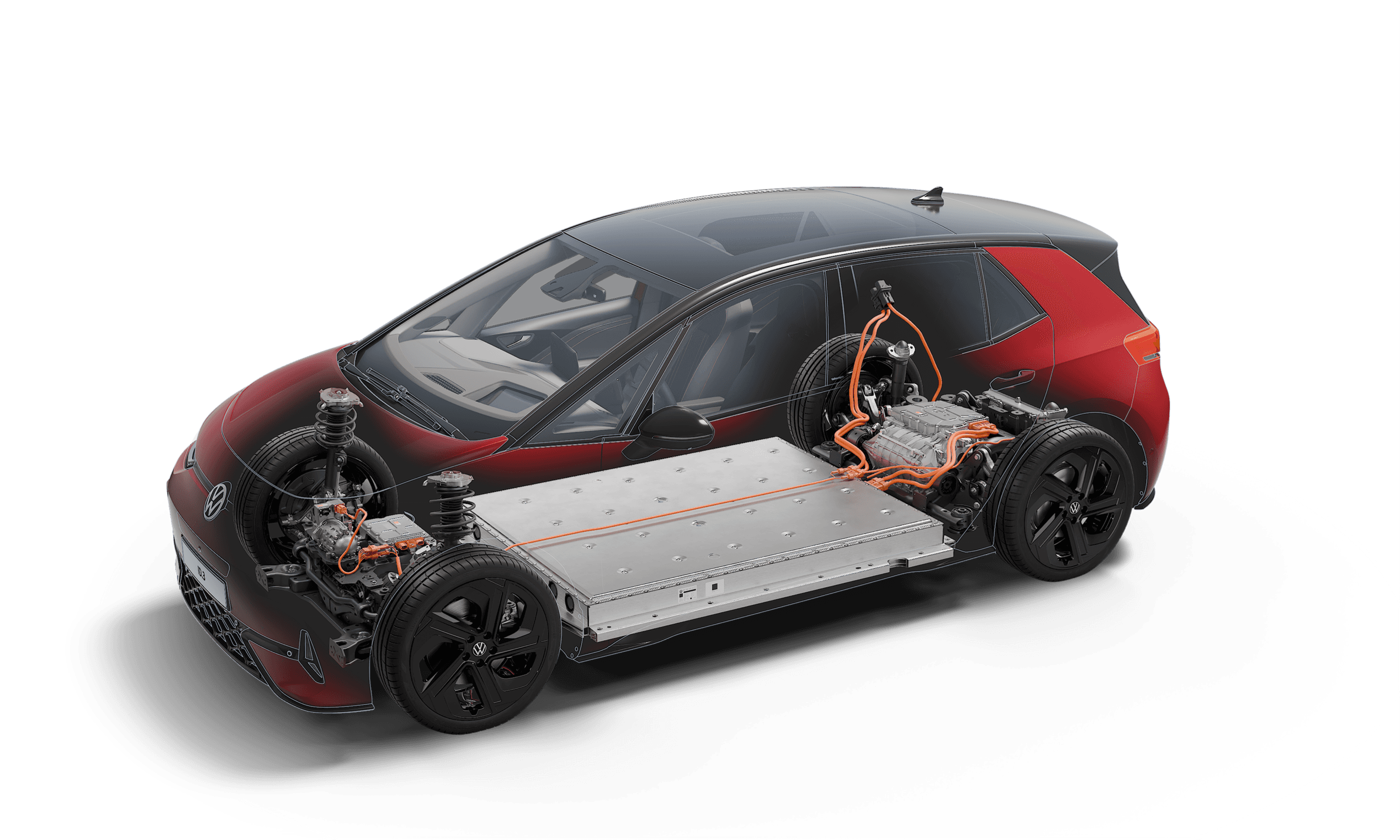 Volkswagen ID.3 en coupe technique avec pack batterie, architecture électrique et transmission visibles