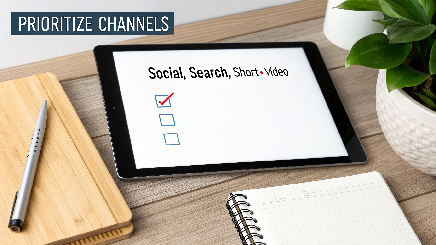 A tablet on a wooden desk displays 'PRIORITIZE CHANNELS' with a checked 'Social, Search, Short-Video' list.