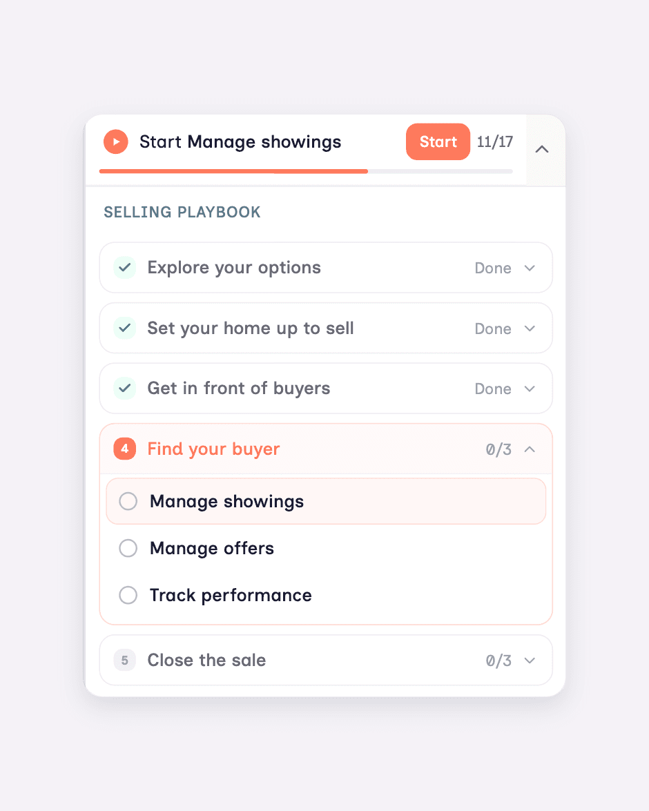 the Selling Playbook: five phases with live progress