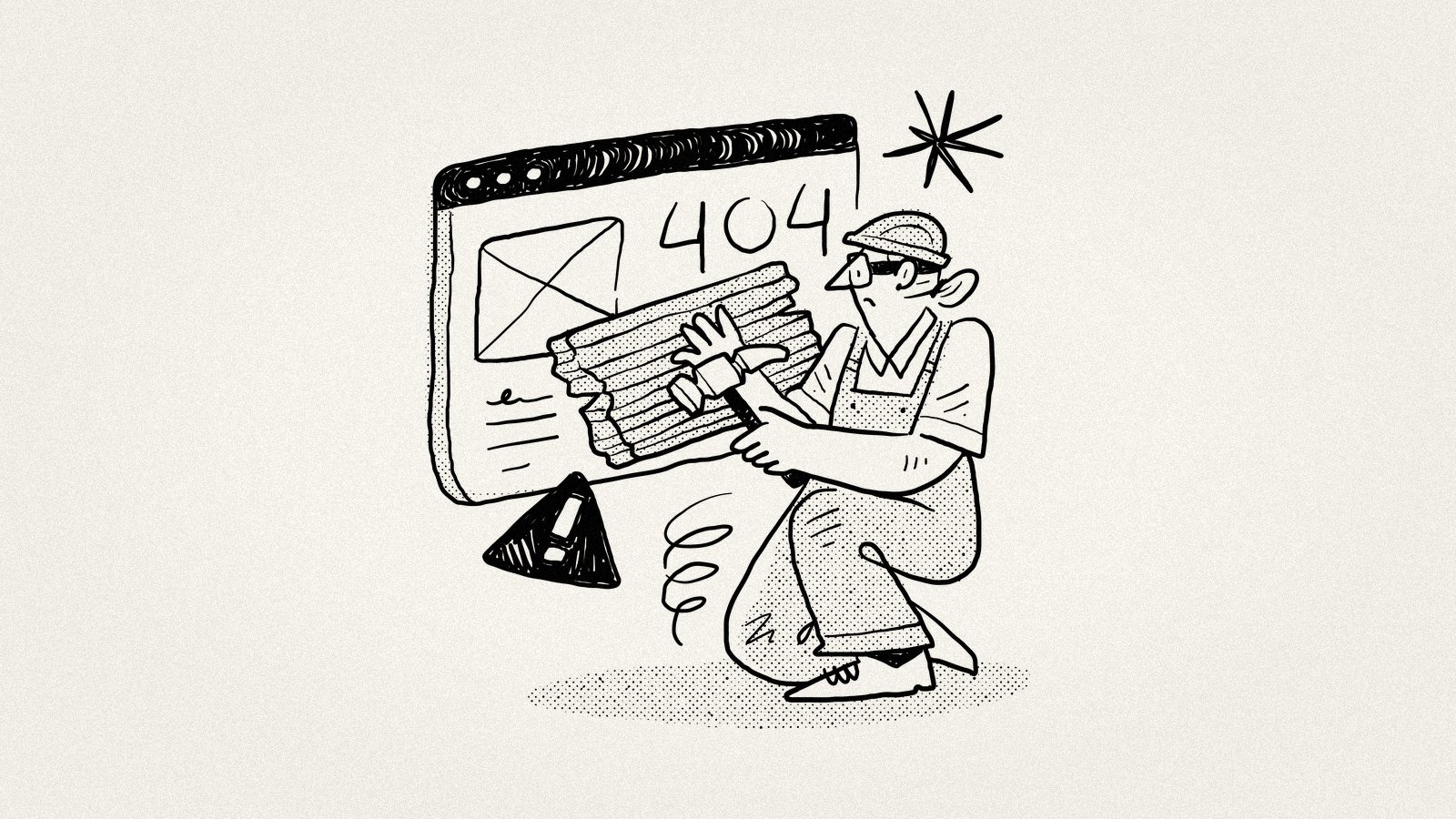 Illustration of a worker fixing up a 404 error webpage response. Symbolises when a competitor's pricing page is taken offline.