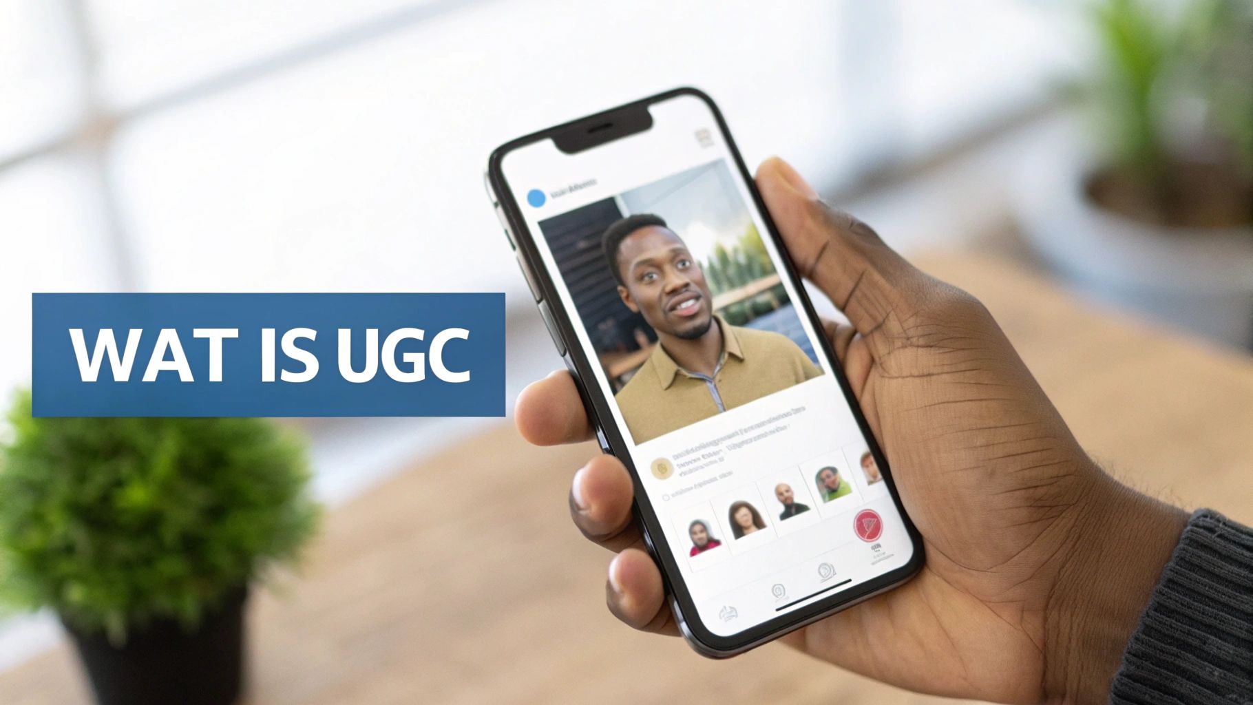 Een persoon houdt een smartphone vast die een sociaal media profiel toont, met de tekst 'WAT IS UGC'.