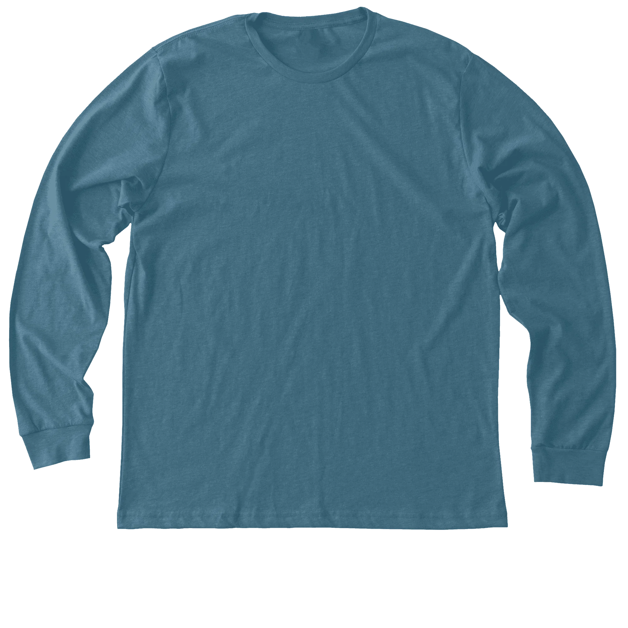 A blue long-sleeve T-shirt is neatly laid flat, showcasing its simple and casual design, suitable for everyday wear.