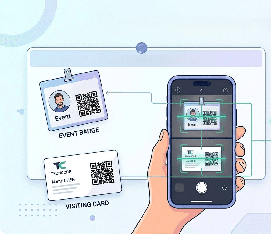Scanning both QR badges and visiting cards into one consistent lead workflow