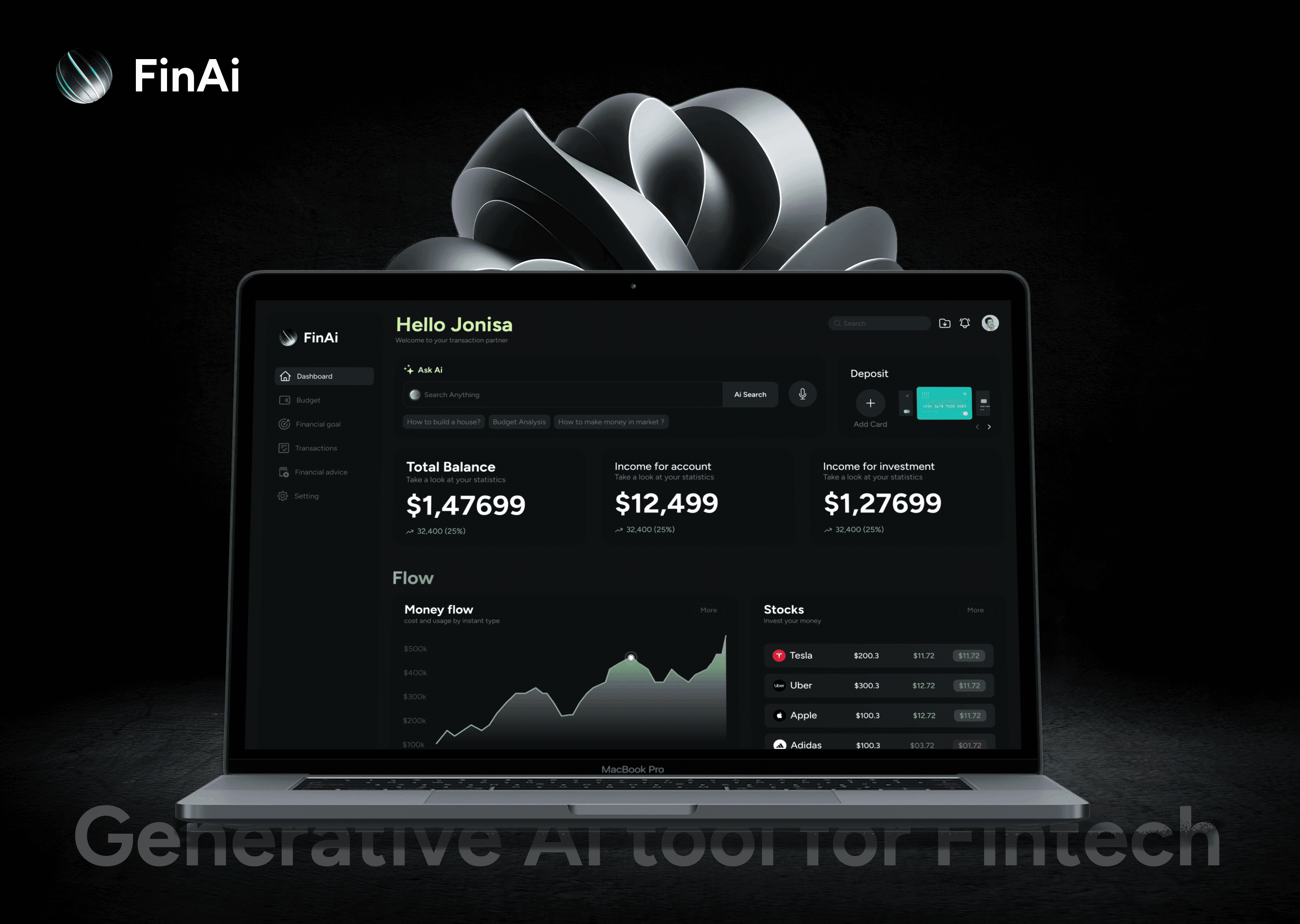 MacBook Pro showing FinAi dark-mode financial dashboard with investment flow and stock data.