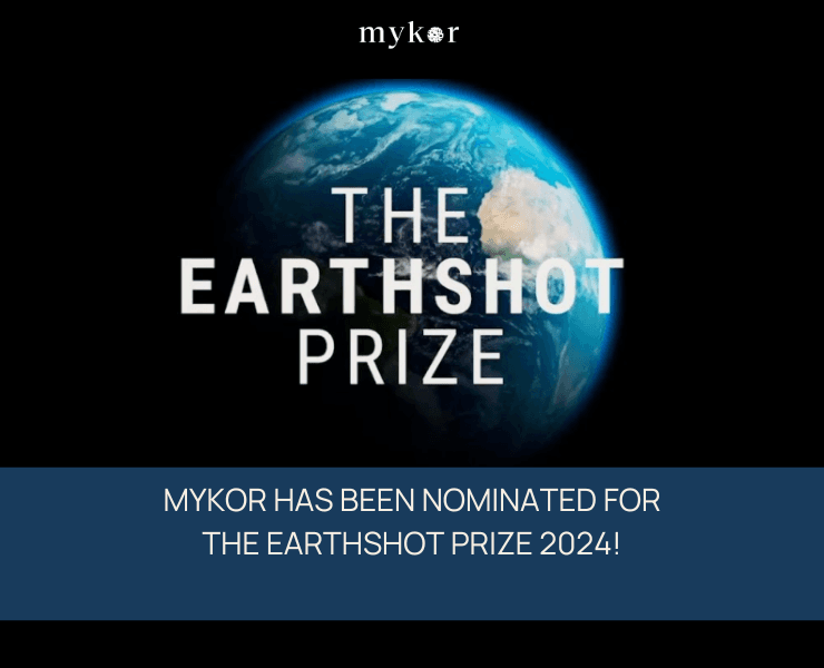 Earthshot Prize logo, which is the Earth with a black background on it. You can see Mykor's logo on top of the picture and a sentence on the bottom: "Mykor has been nominated for the Earthshot Prize 2024!"