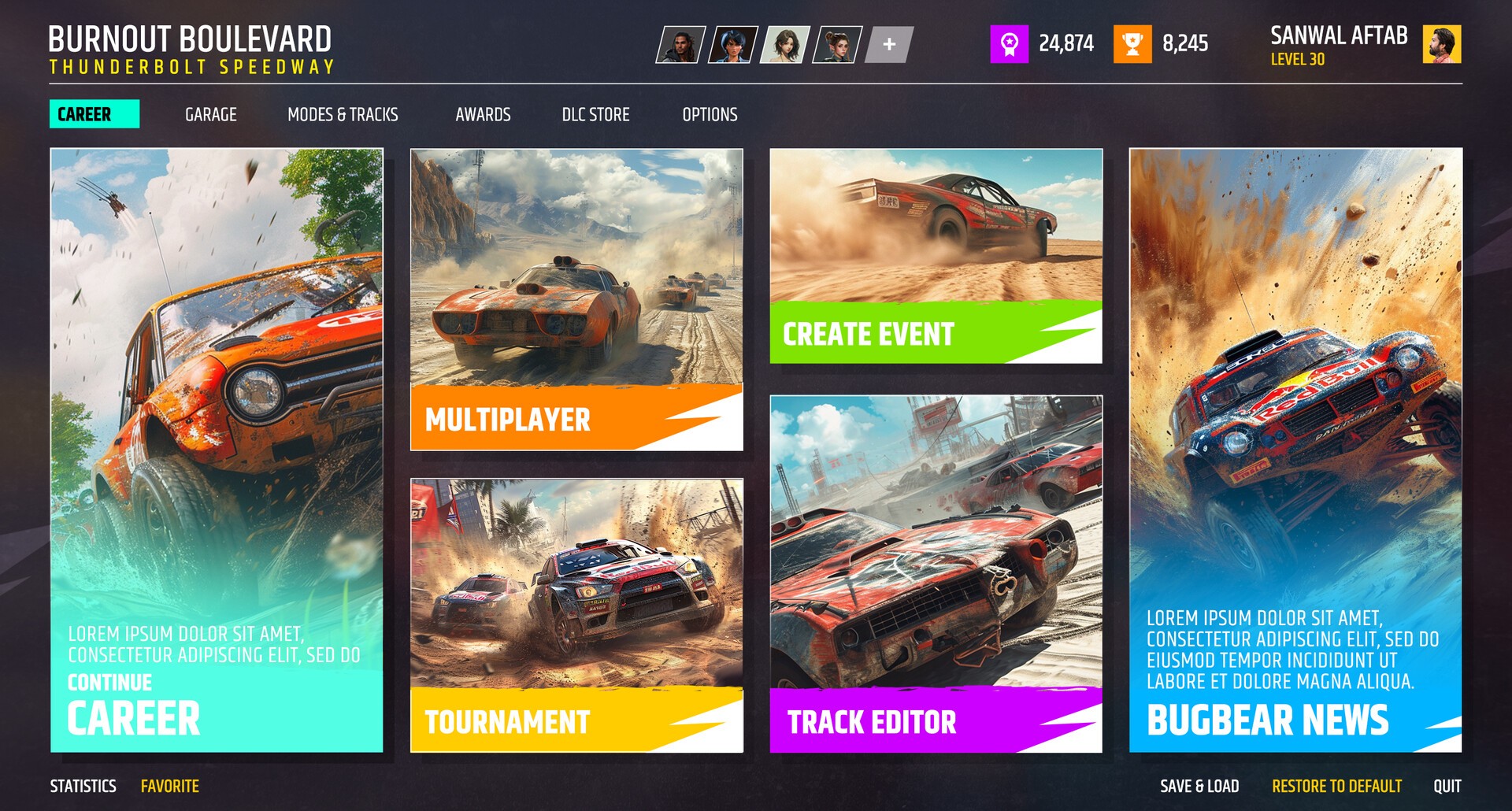 A racing game dashboard featuring options like Career, Multiplayer, Tournament, Track Editor, and Create Event, with dynamic images of high-speed cars on dirt tracks.