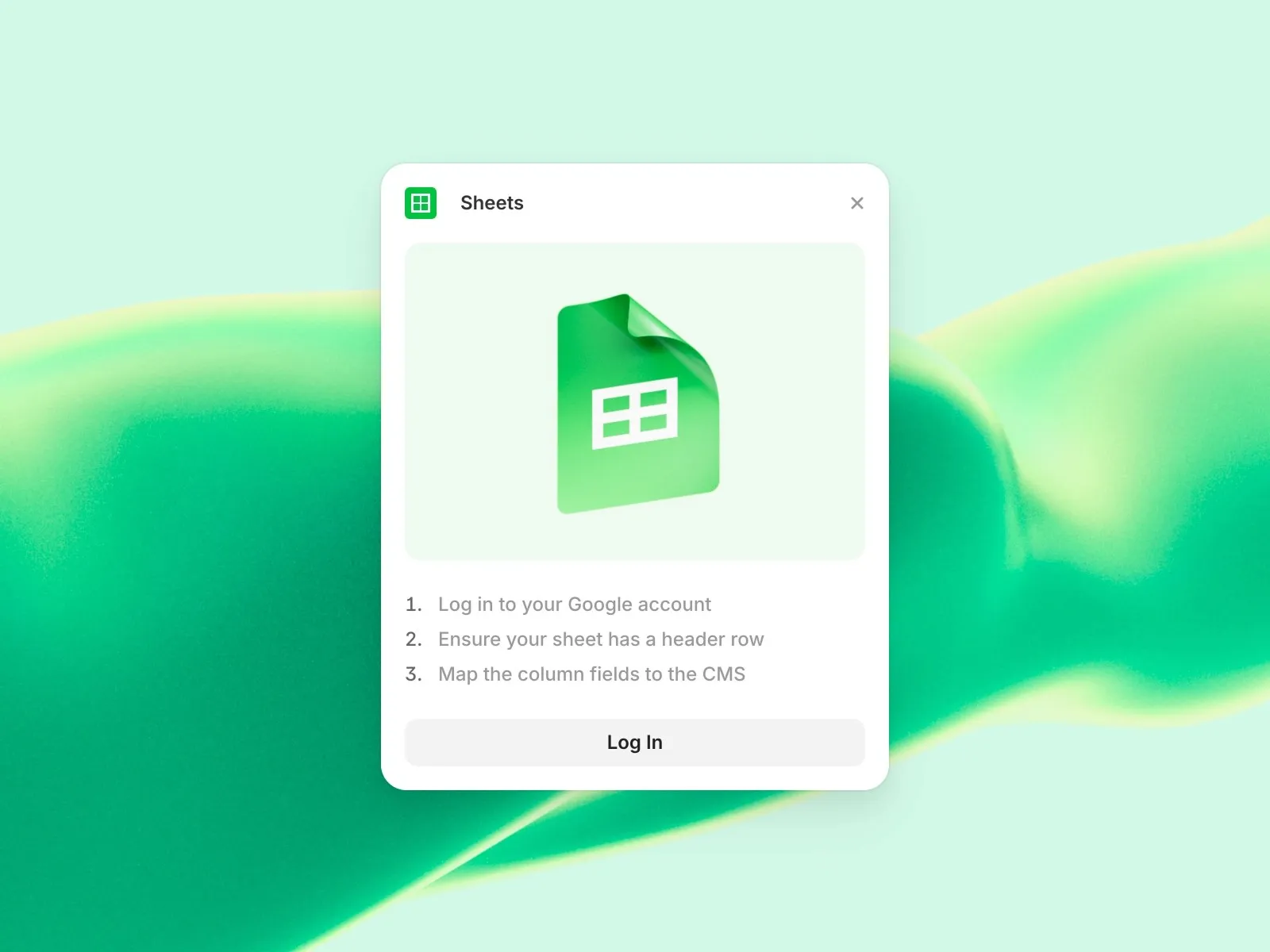 Google Sheets login prompt with steps on a green abstract background.