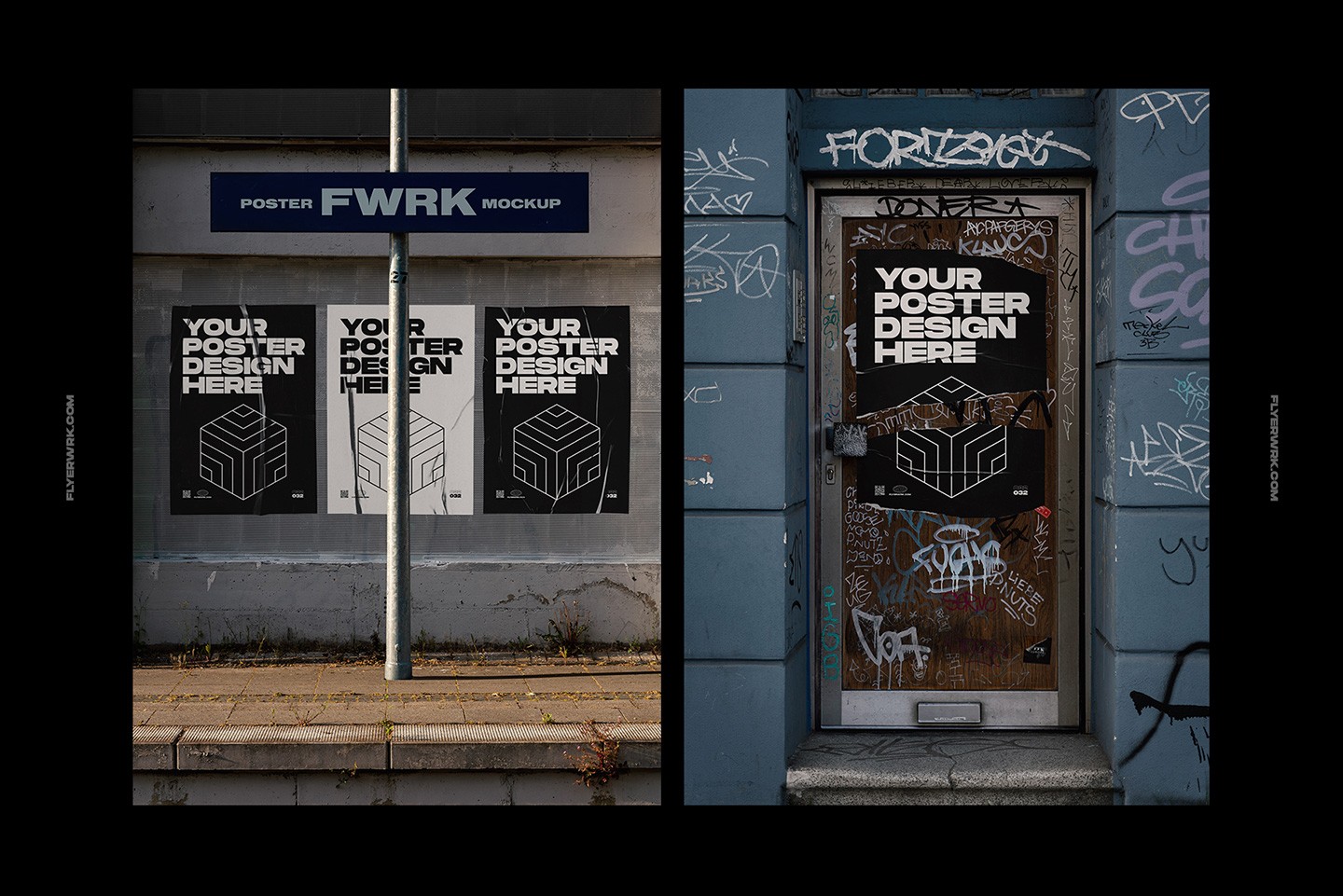 Urban poster wall mockup with street posters and pedestrian walking past