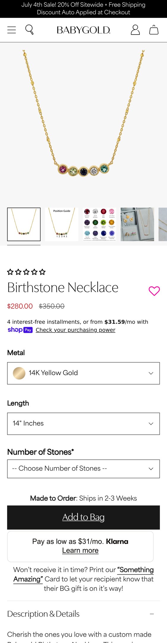 Jewelry product options include: necklace, birthstone for 14K Gold Birthstone Necklace from Baby Gold.