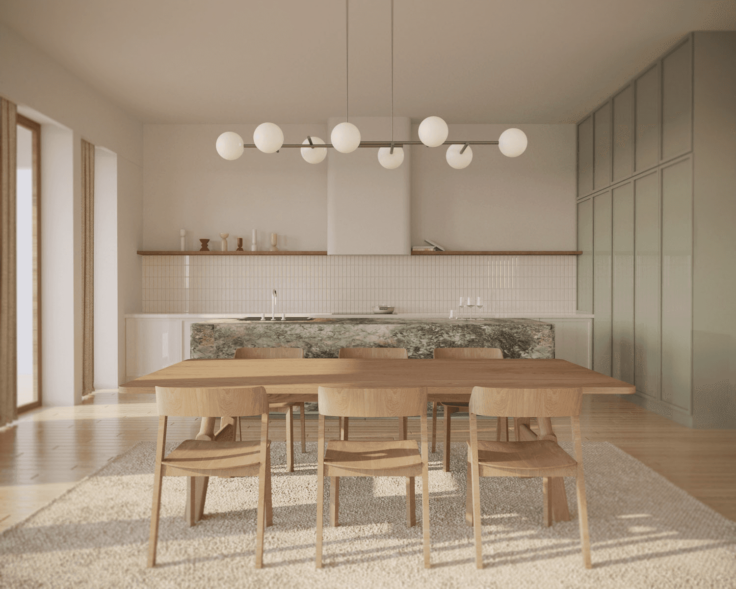 Modern interior with neutral tones, featuring seating areas, wooden floors, and large windows.