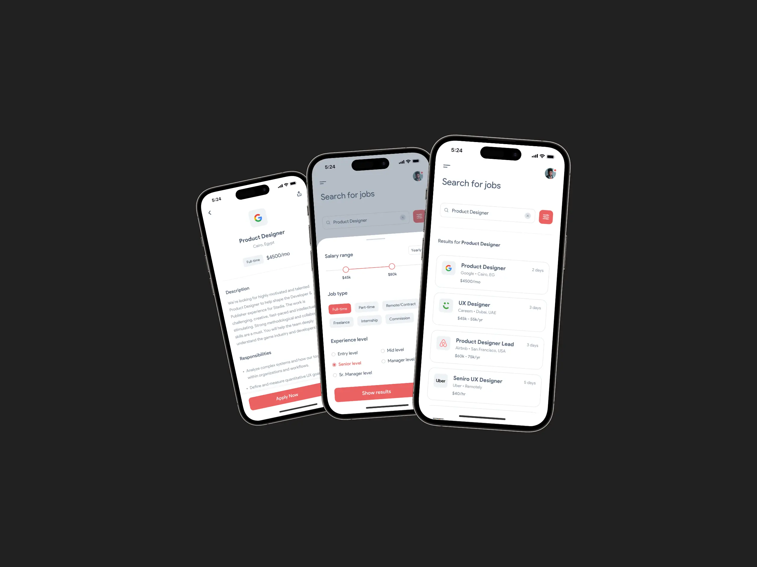 A screenshot of job gate home, job details, and filters screens
