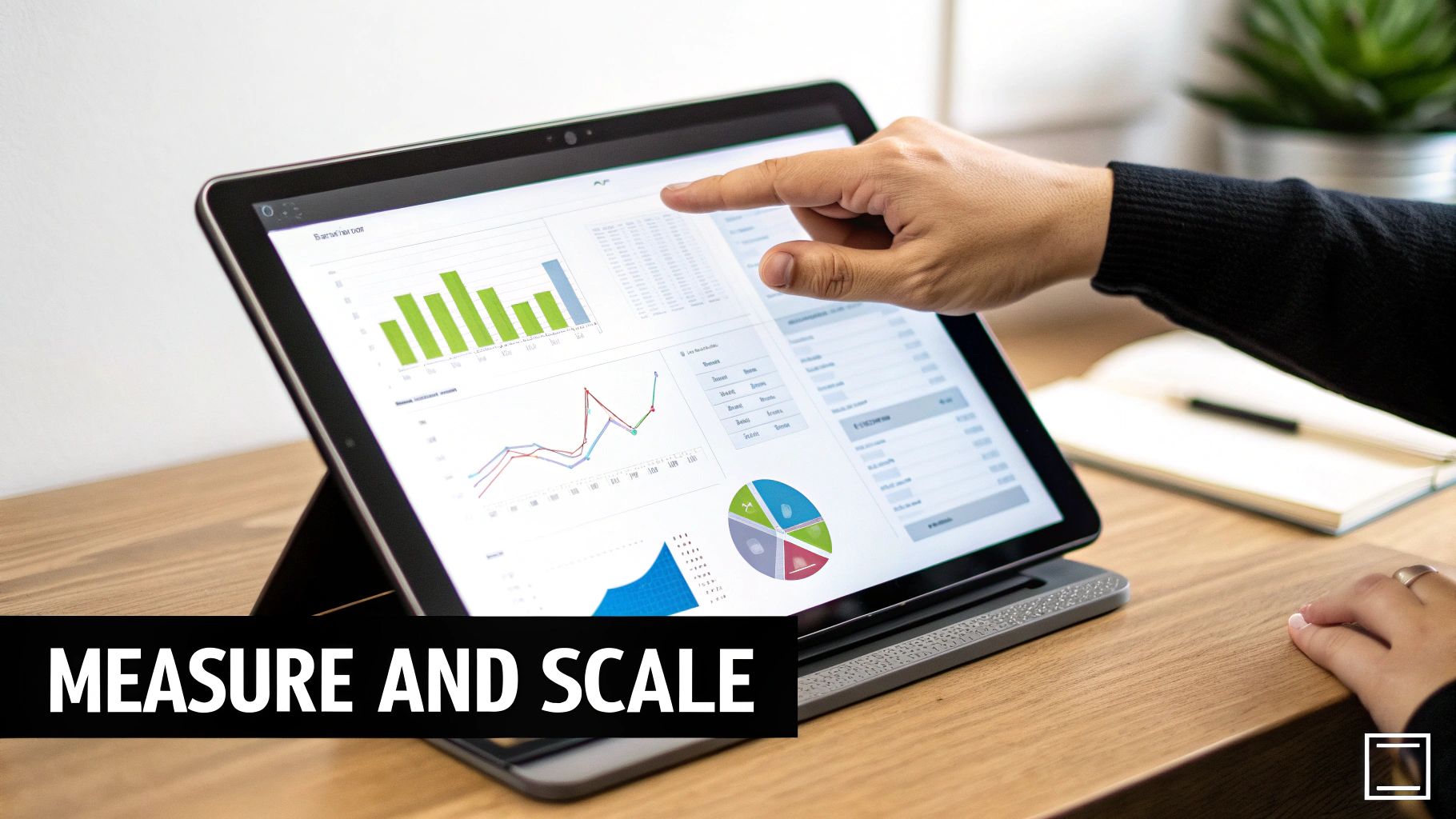Hand interacting with a digital tablet displaying various business data charts and graphs.