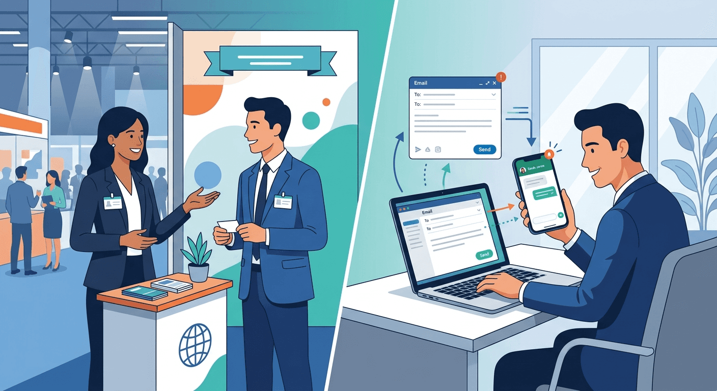 Networking conversation at an event followed by immediate digital follow-up on mobile and laptop