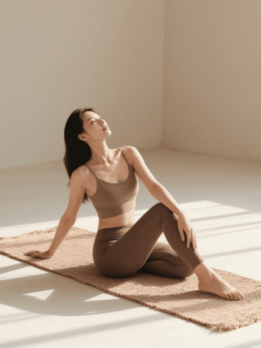 A woman in a brown yoga outfit sits calmly on a woven mat in a sunlit room. Eyes closed, she exudes tranquility and relaxation.