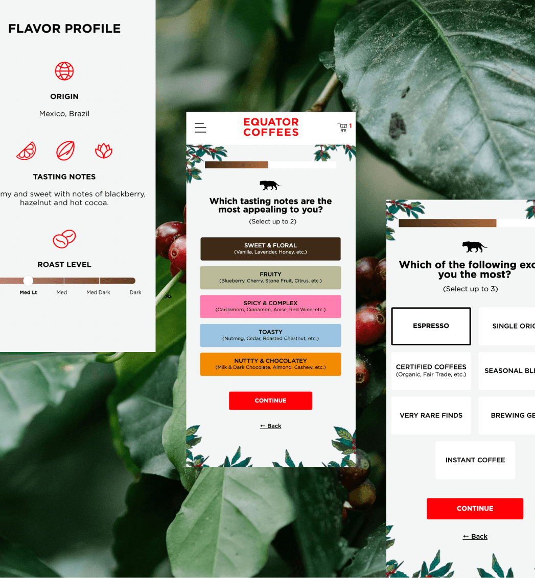 Shopify product page for Equator Coffees showcasing subscription options and flavour profile selection