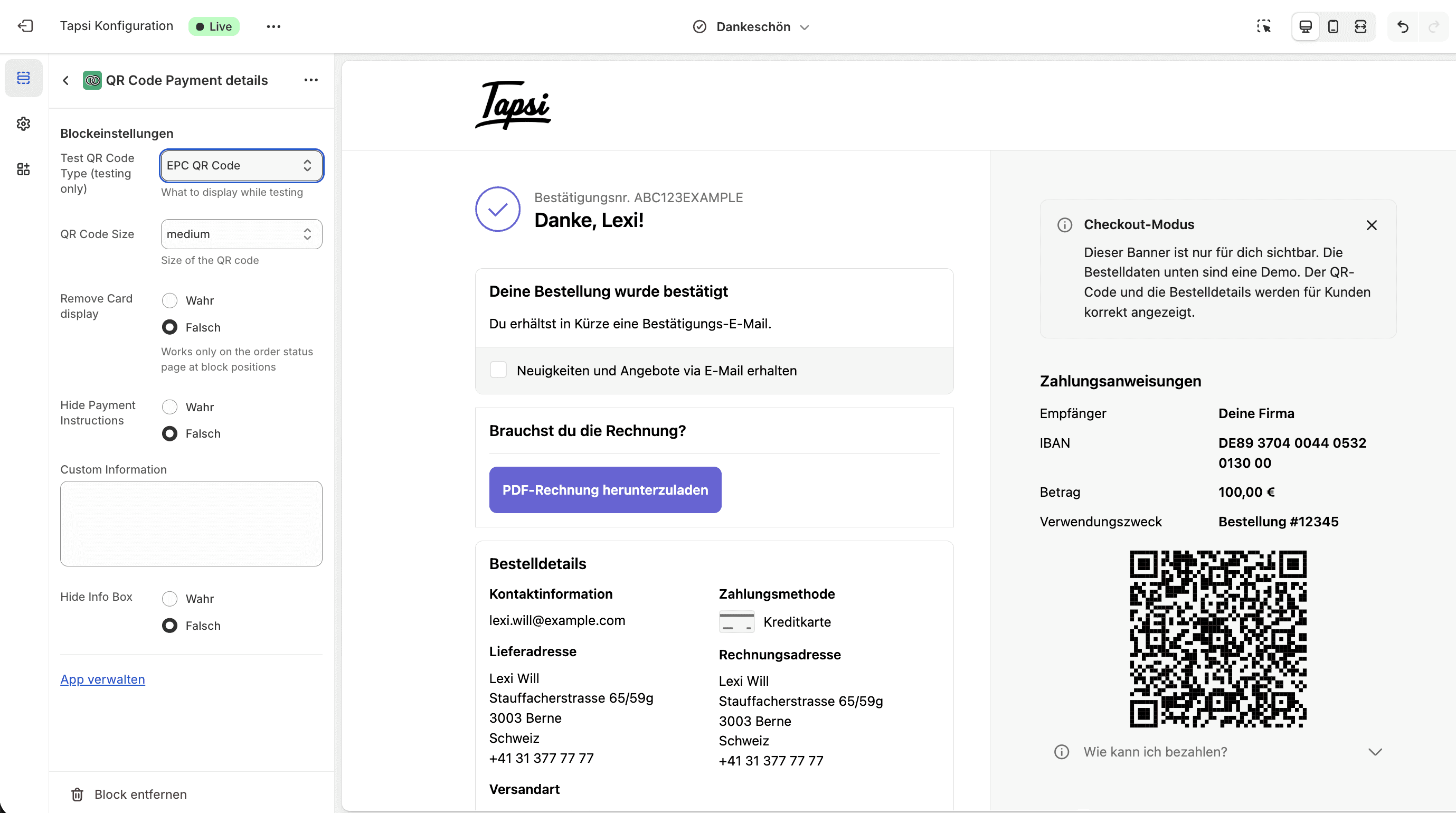 Darstellungs-Einstellungen der QR-Code Erweiterung