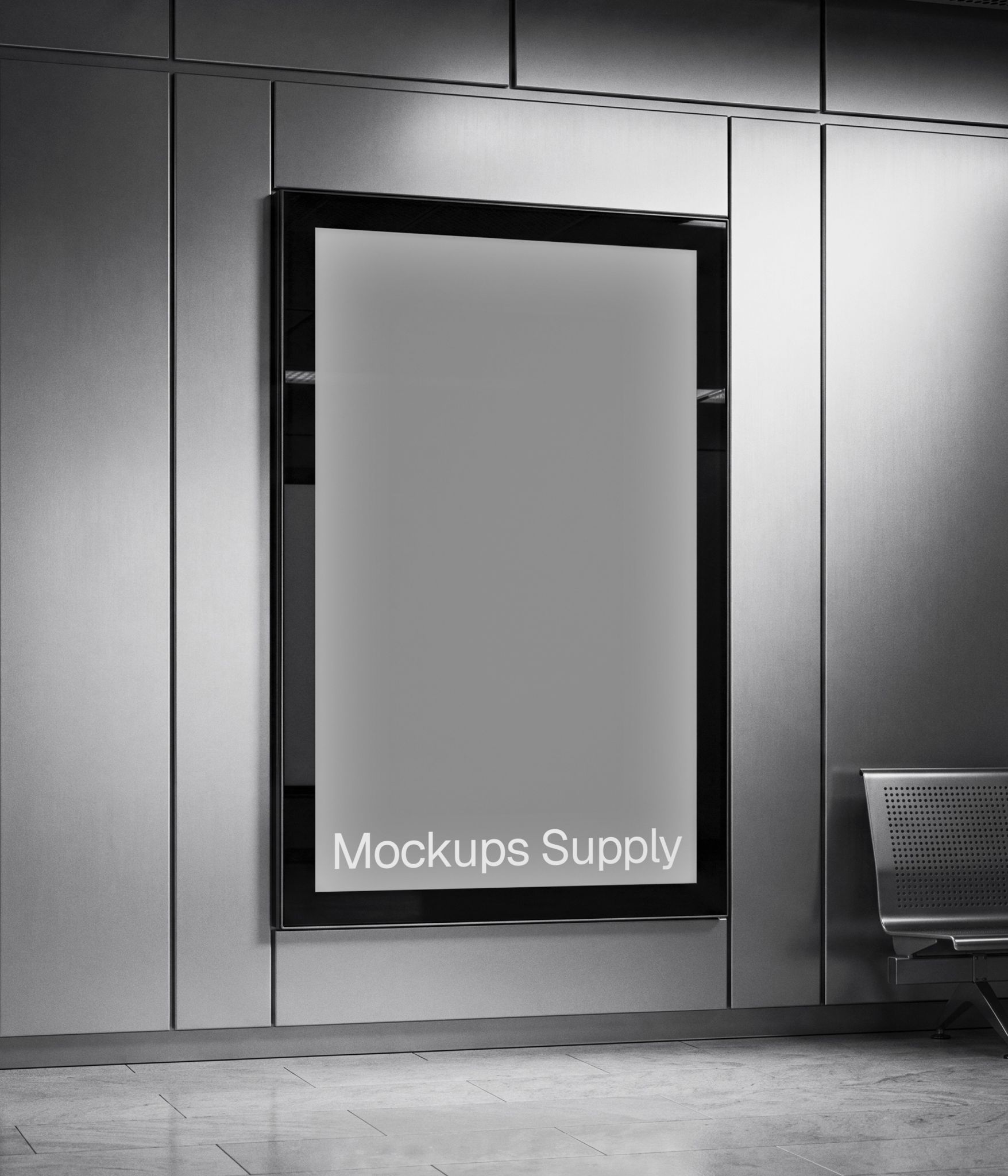 Vertical metro poster mockup displayed on a metallic subway station wall