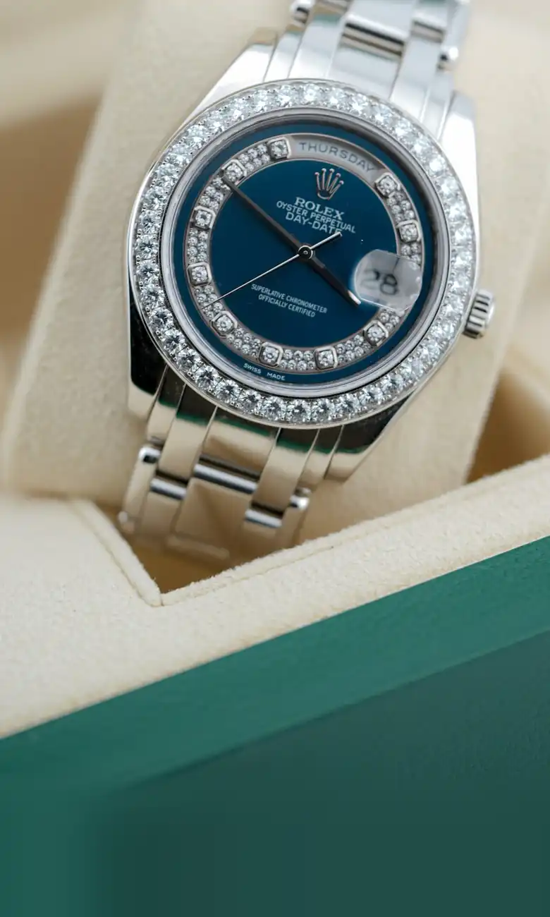 Rolex Masterpiece 18946 in platinum with diamond bezel and blue dial, valued at today’s Dubai market price