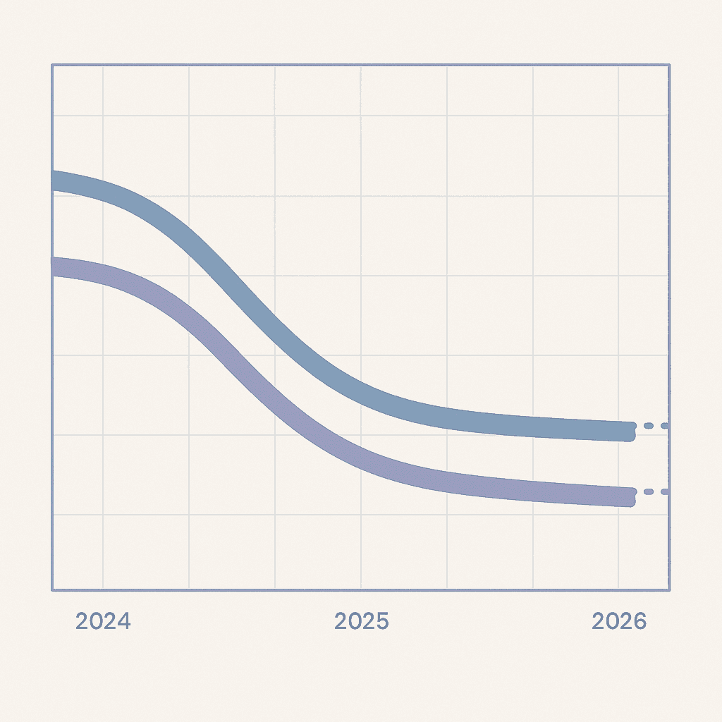Two colored lines on a timeline showing national and Colorado mortgage rates easing from 2024 to 2026