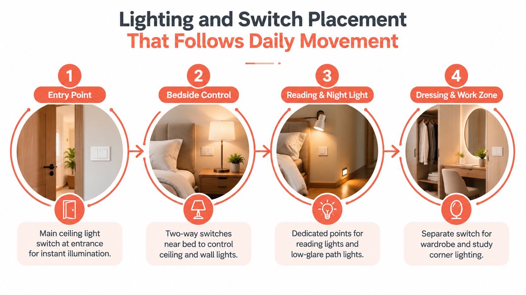 An infographic illustrating optimal lighting and electrical switch placement strategies for a functional and convenient bedroom layout.