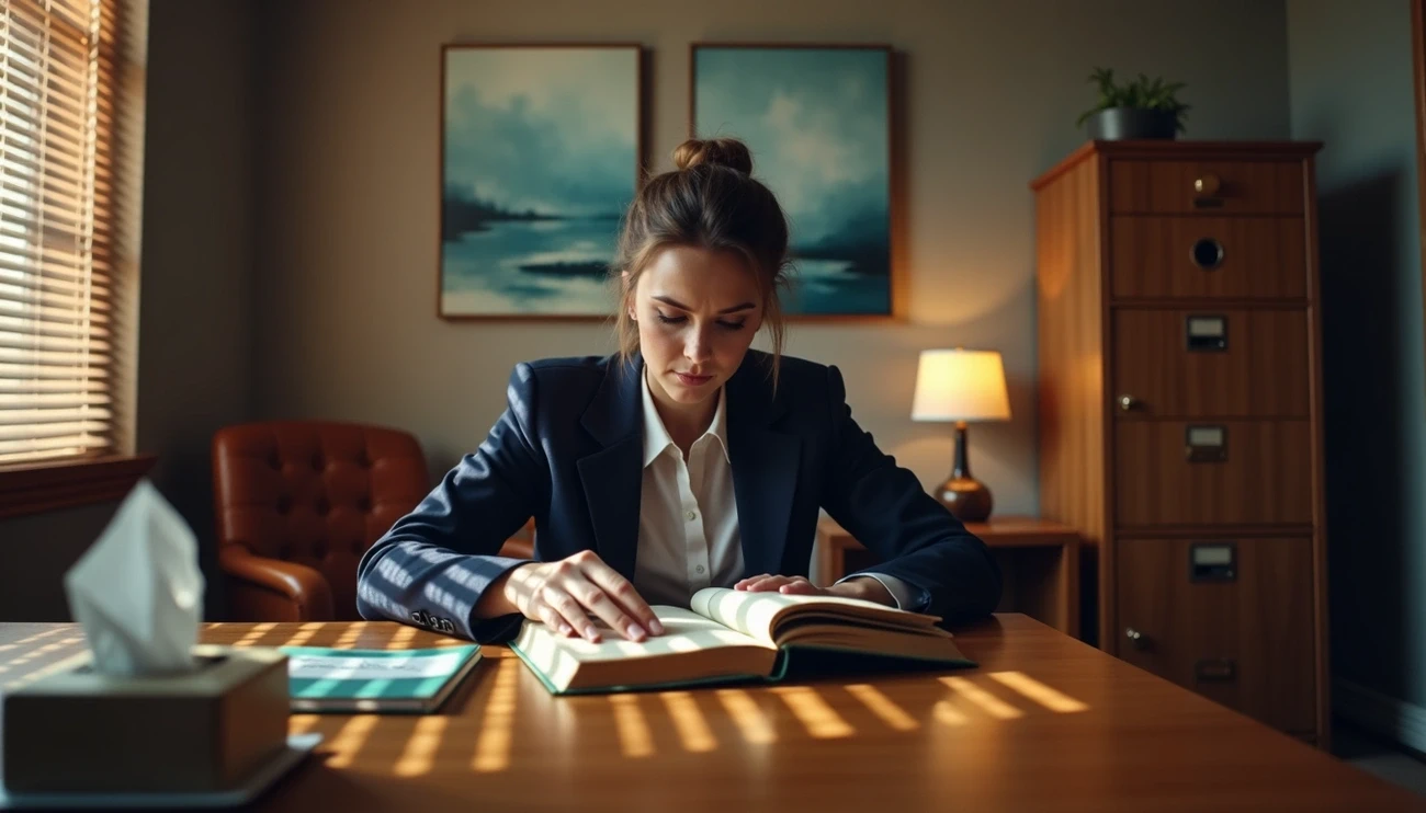 Professional woman in an office reading a book, symbolizing ethical decision-making and confidentiality dilemmas.