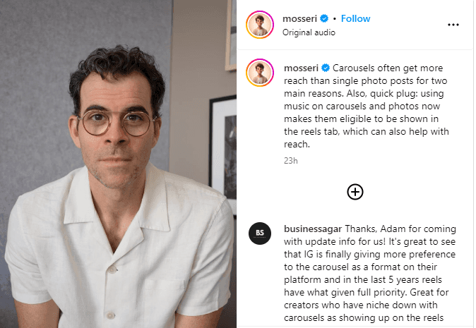 An Instagram video interface featuring Adam Mosseri, Head of Instagram. On the right side of the screen, Adam Messori appears in a video frame discussing why carousel posts outperform single photos. On the left side, there are comments about the update. 