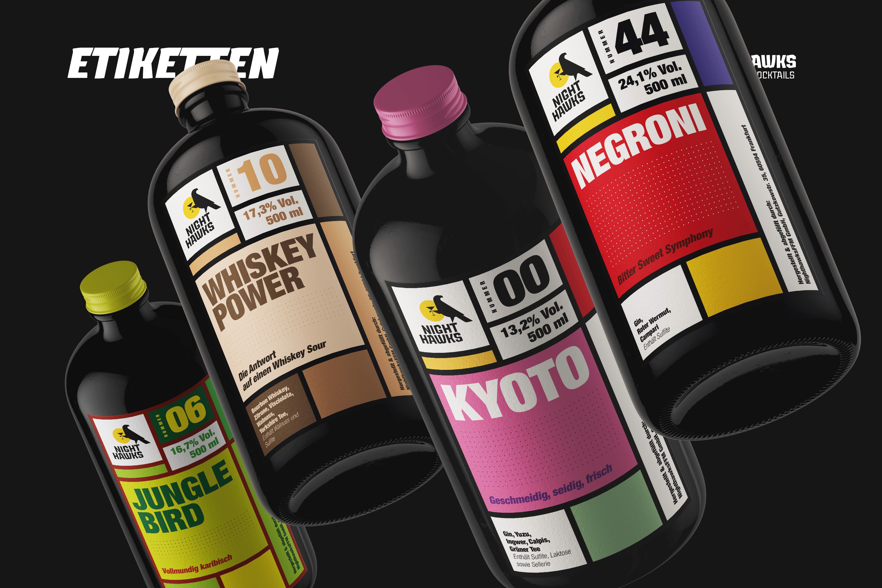 Label Design der Nighthawks-Linie – lebendige Farbwelt und modulares System für flexible Produktanwendungen