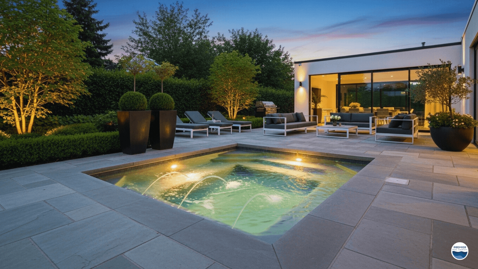 Luxury inground jacuzzi spa design in backyard with modern lighting and stone deck