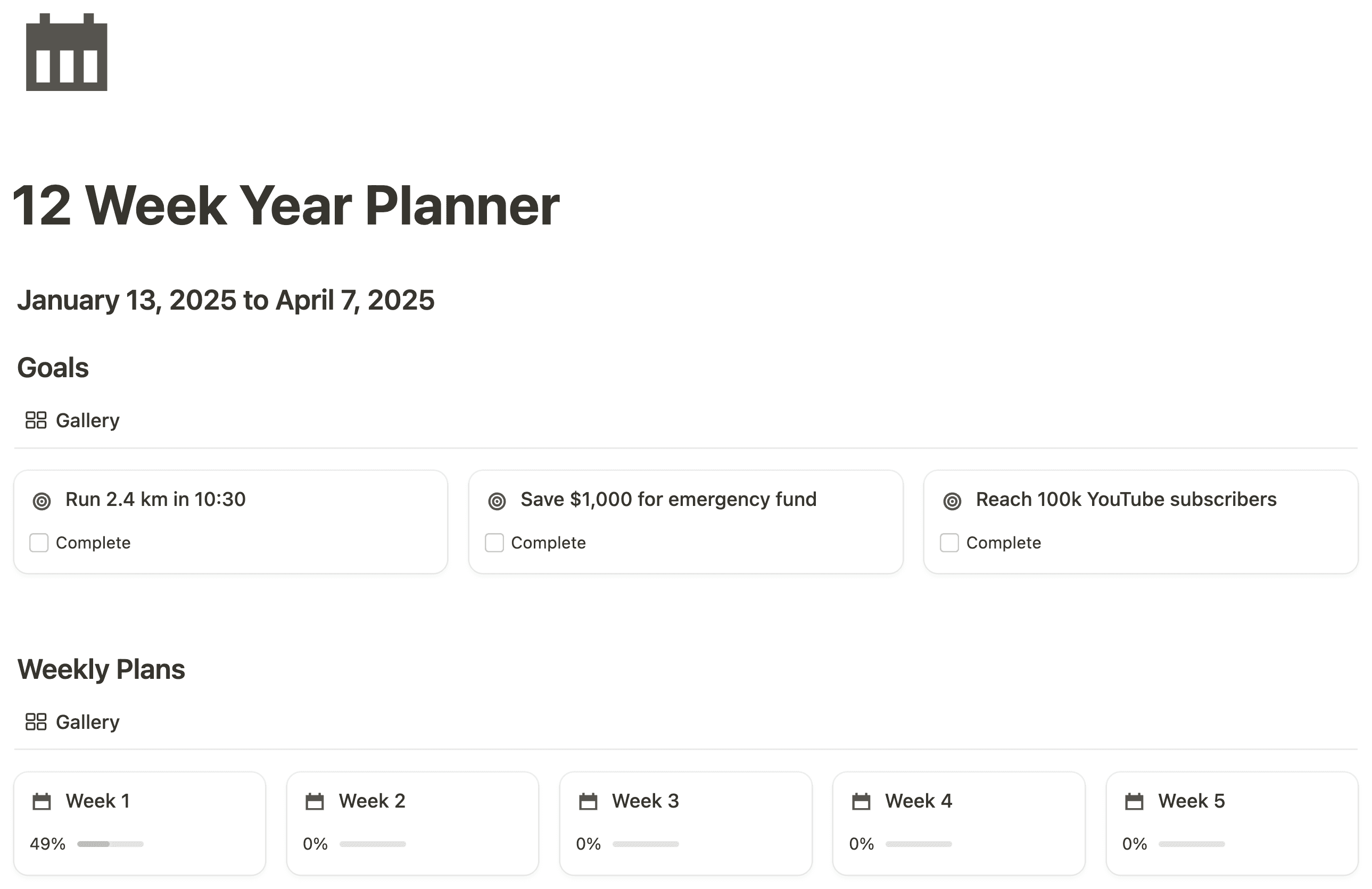 12 Week Year Planner Notion Template