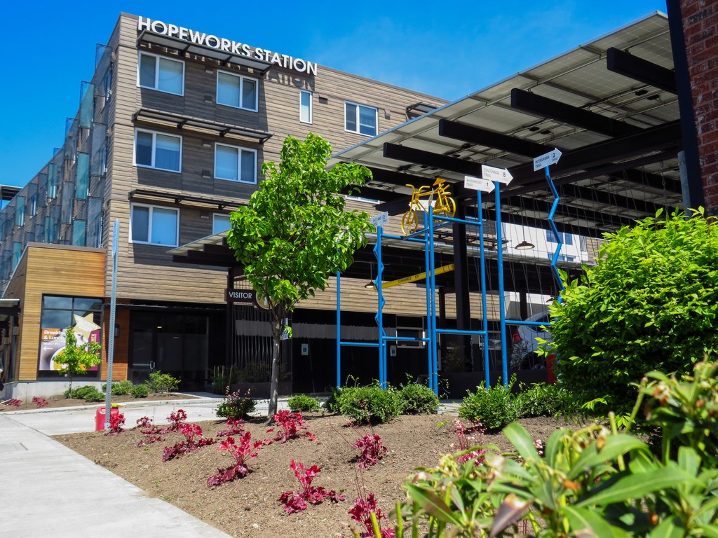 a large building with a sign on the front of it
