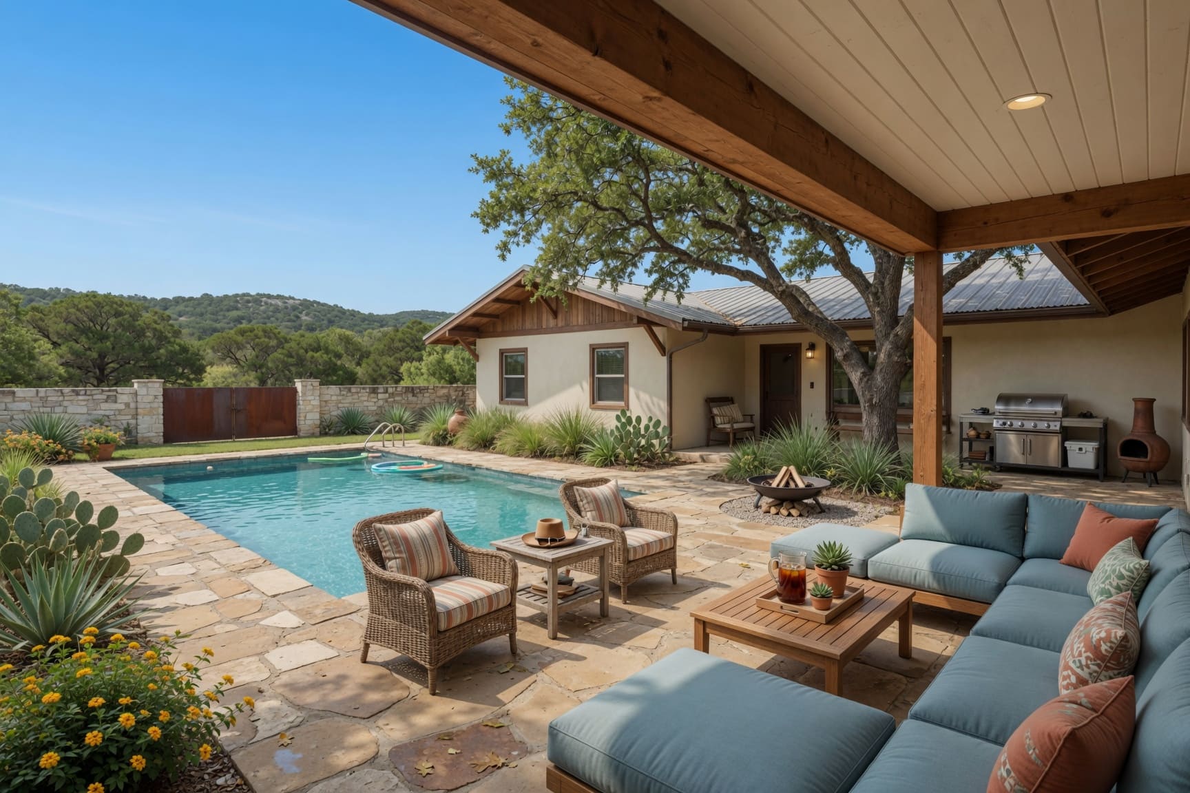 Outdoor pool and patio with oak trees and stone pavers