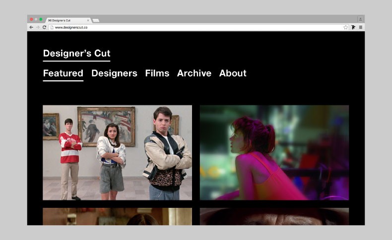 A screenshot of a website titled "Designer's Cut" displays a navigation bar with links for "Featured," "Designers," "Films," "Archive," and "About." Below the navigation bar are four images: two portraits of young men, one in a red and white striped shirt and the other in a gray shirt, and a woman in a pink top. The website's URL, "www.designerscut.co," is visible in the address bar.