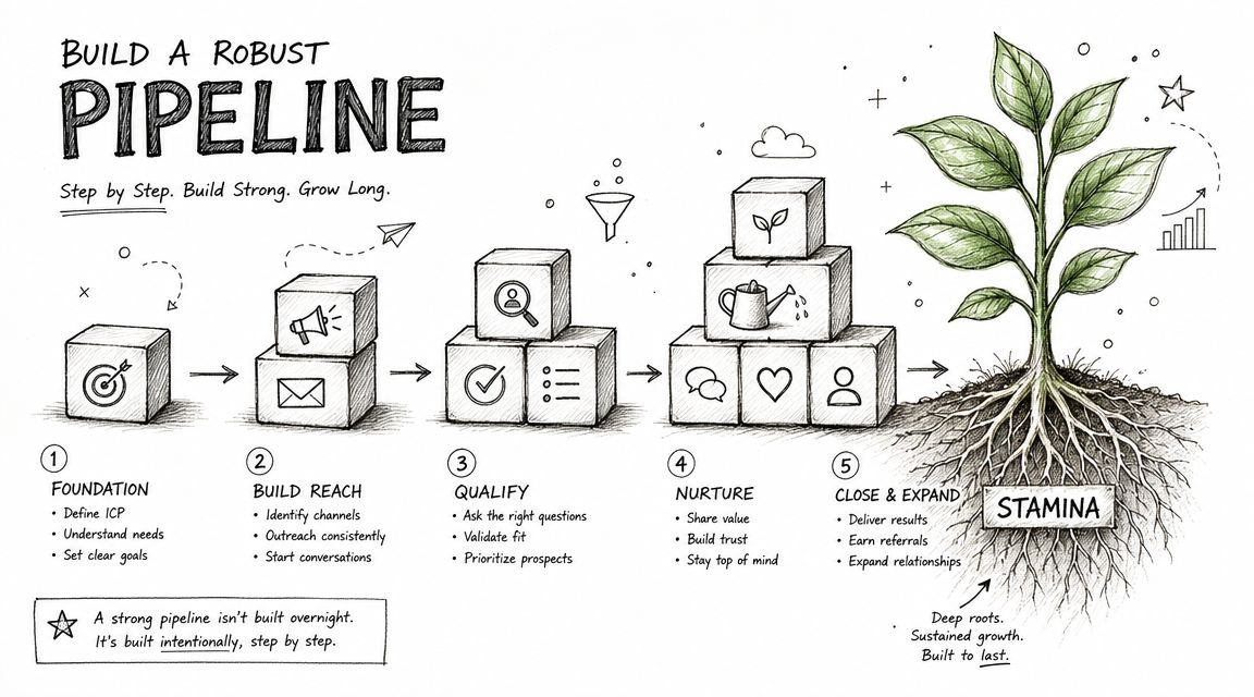 A hand-drawn illustration detailing five steps to build a robust sales pipeline, from foundation to growth.