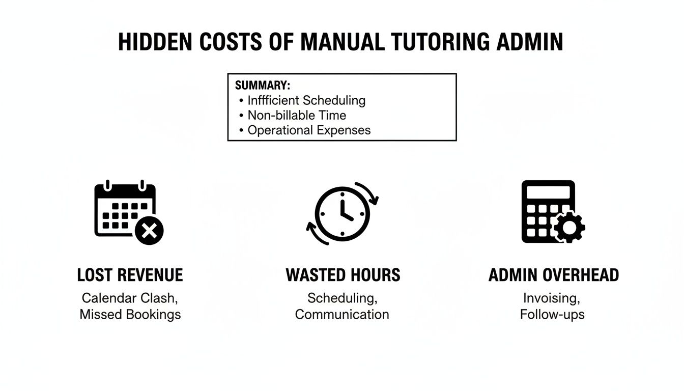 An infographic illustrating the hidden costs of manual tutoring administration, detailing lost revenue, wasted hours, and admin overhead.