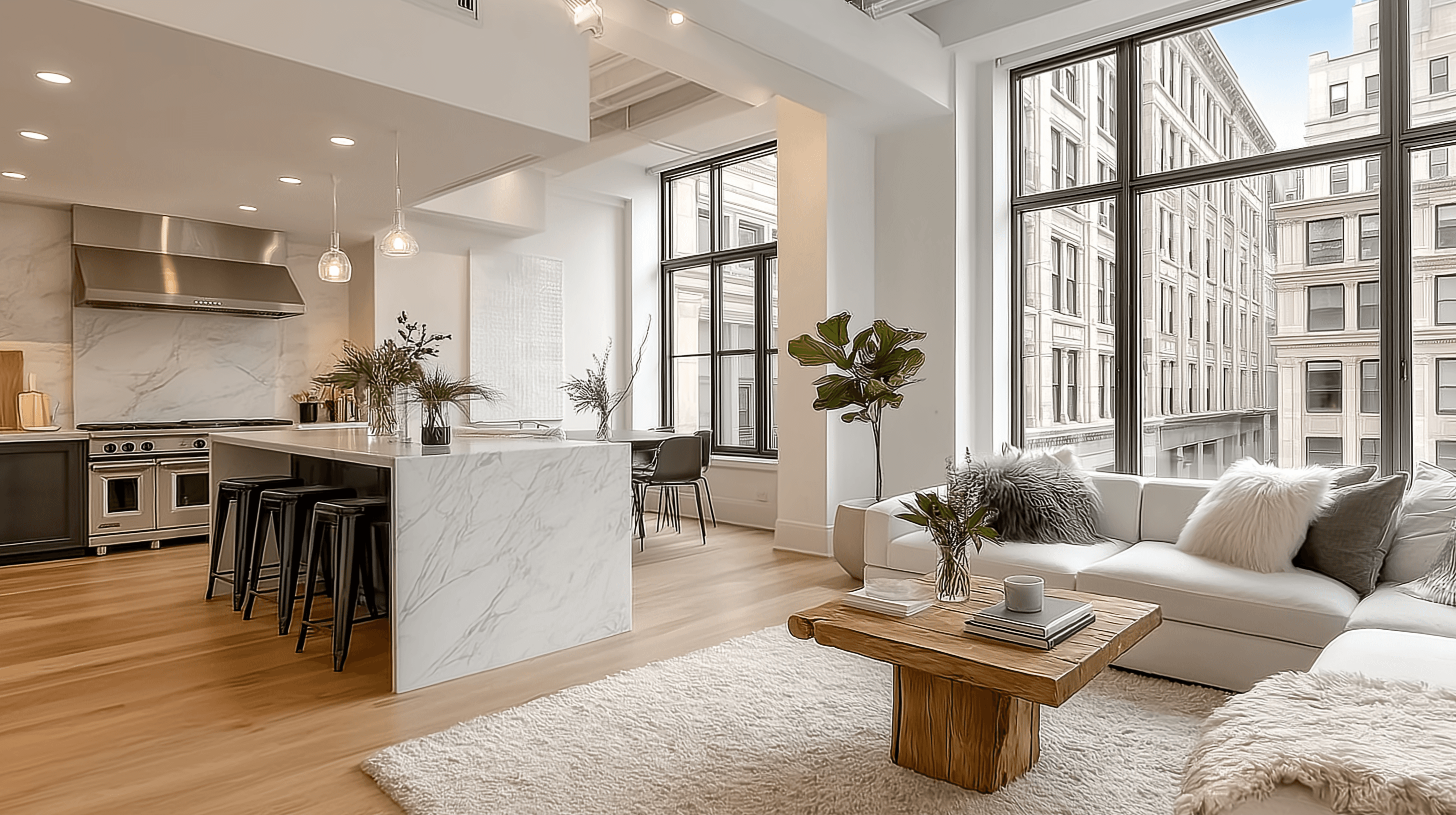 Contemporary open-plan living space with a white marble waterfall kitchen island, a cozy white sectional sofa, and large city-facing grid windows.